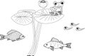 Coloring page with pond dwellers. Frog sitting on leaf of blooming water-lily plant, tadpoles, carp and perch Royalty Free Stock Photo